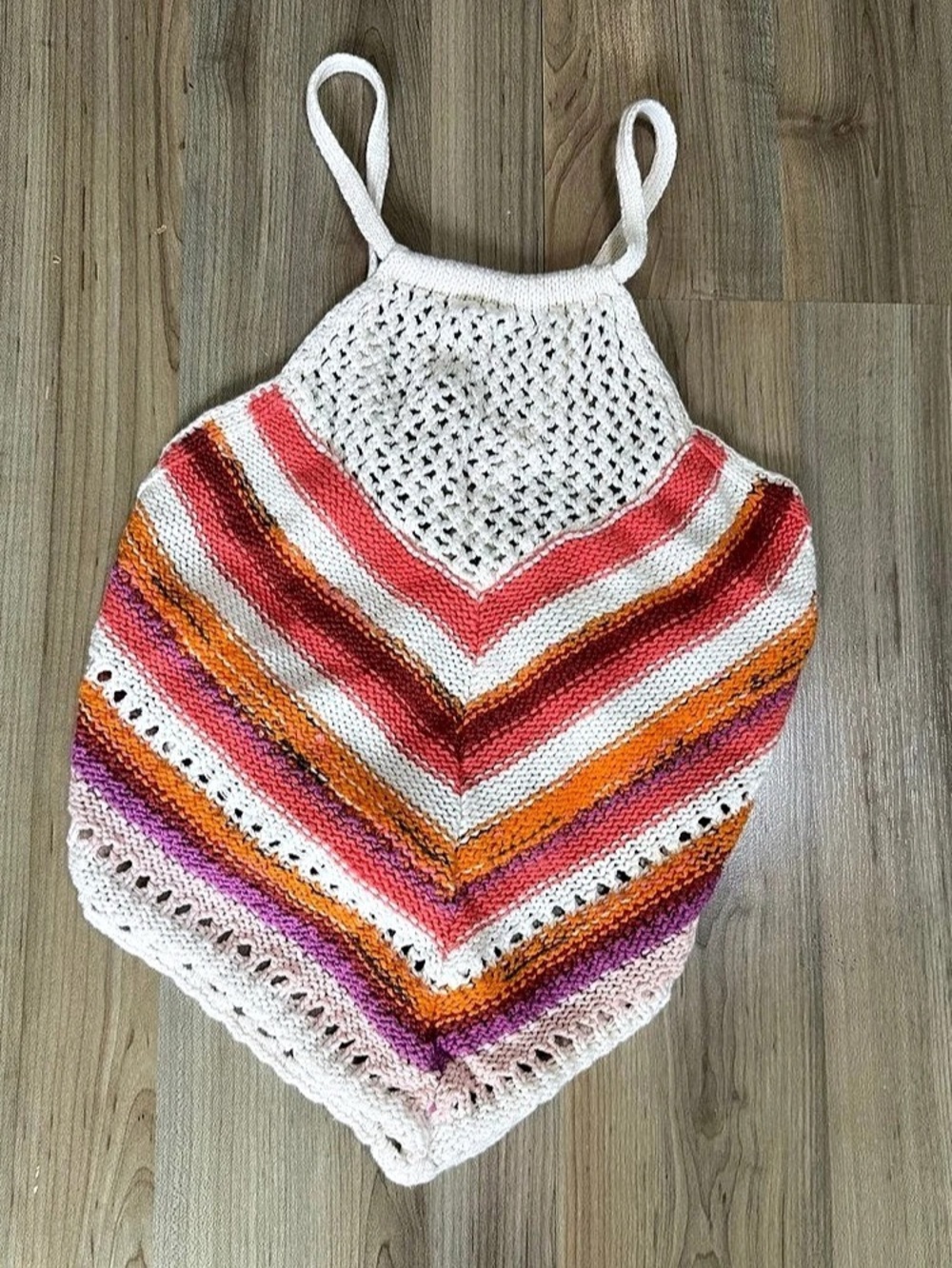 American Eagle Crochet Stripe Halter Top in White & Pink